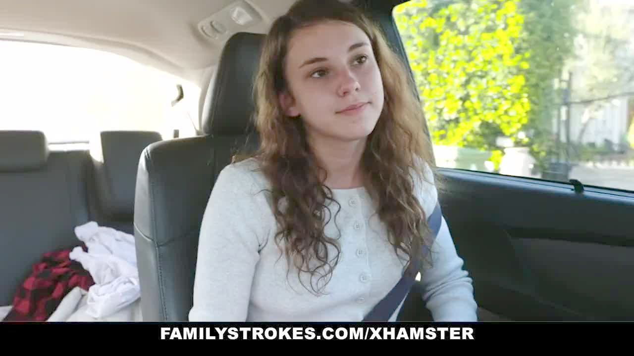 Cute teen sucks her stepdad for a car