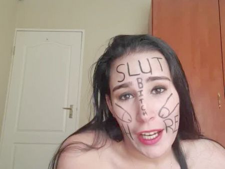 self degrading cockslut gags herself and self face smacking with messy talk
