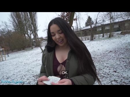 Spanish Black-haired Showcases Immense Innate Breast In The Snow