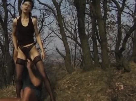 A senhora alemã de cabelos escuros em meias recebe seu twat peludo bateu na floresta 