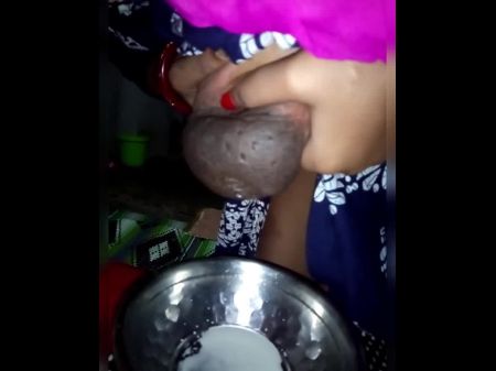 Milk Desi Woman Titties Pressing Nip With Milk