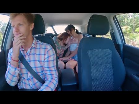 Uber Driver Gets Rail Of Life ! Threesome In The Car - Double Creampie And Shaking Squirting Orgasm