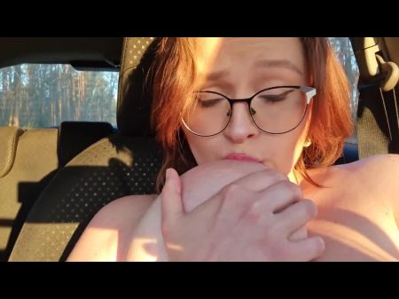Nasty Brunett Plays With Boobies In Car In The Forest