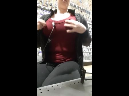 Huge-boobed Babe Displays Pierced Breast At Work **almost Caught**