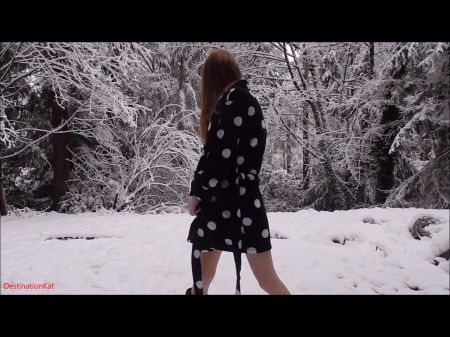 Gaunt Ginger-haired Nubile Urinates In The Snow Outdoors