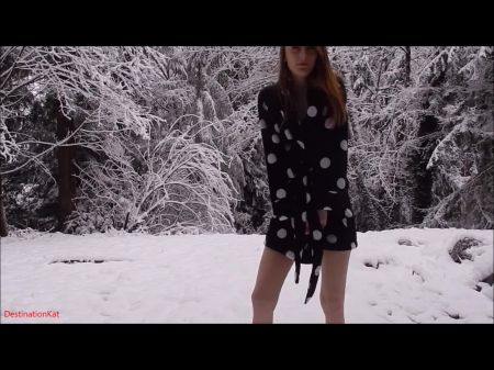 Slender Redhead Teenager Urinates In The Snow Outside
