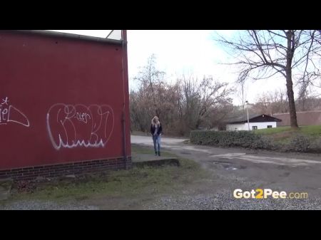 Lovely Fair Haired In Jeans Caught Peeing Outside
