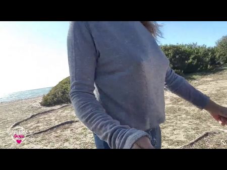 Nippleringlover Walking At The Beach And Presenting Ginormous Pierced Puffies With Giant Nip Rings