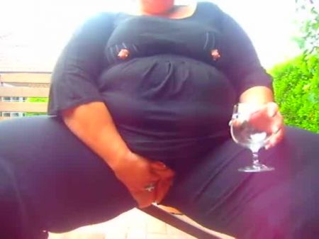 Bbw Gulps Wine On The Deck