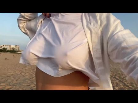 Fair Haired Walking Sans Bra And Flashing Tits Outdoor