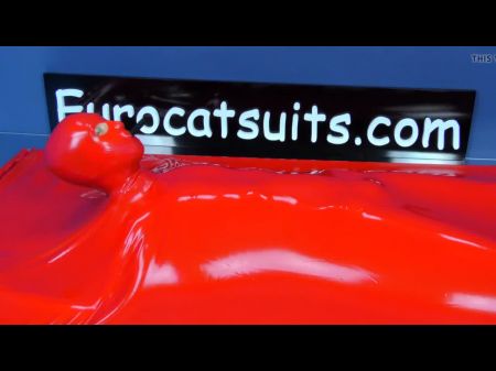Restrain Bondage In Crimson Spandex Vacbed With Linked Spandex Mask