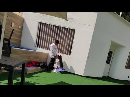 Youthful College Mans Have Hump On The College Terrace And Are Caught On A Security