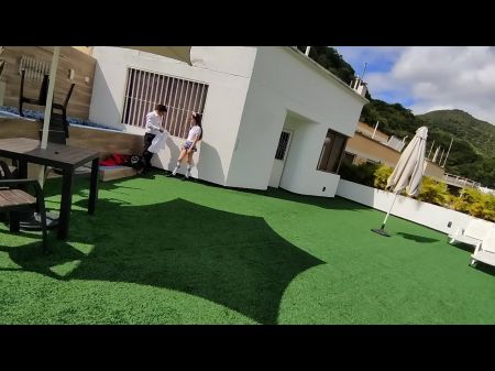 Youthful College Studs Have Bang-out On The College Terrace And Are Caught On A Security