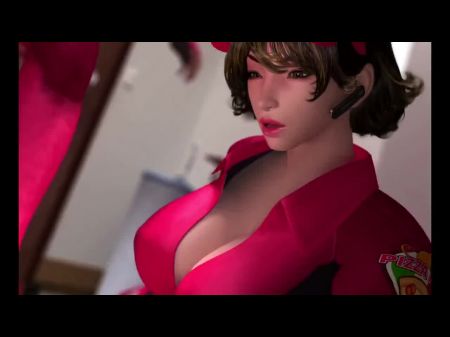 Servicio extra 3D de repartidor de pizza con grandes tetas 
