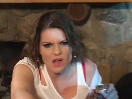 Dark Haired Super-bitch With Elastic Boobs Can Handle 3 Tough Dudes In The Living Room