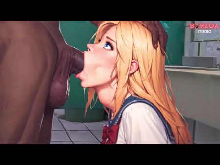 Großer Schwarzer Schwanz Wird Von 18-jähriger Studentin In Der öffentlichen Toilette Tief In Den Mund Genommen (3dhentai4k) 