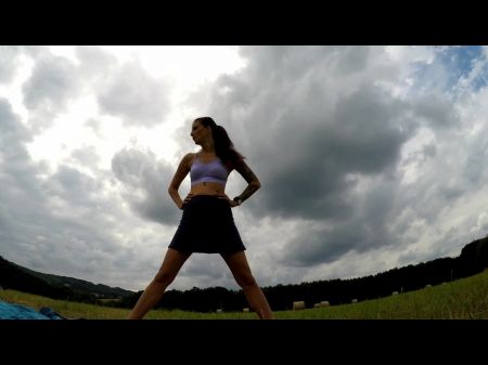 Yoga And Gymnastics Outside Without Underpants In School Uniform Micro-skirt With Hot Taut Slit , Fitness Nymphs , Nude Booties