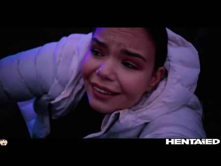 molliges BBW-Hentai-Bondage ganz natürlich, Mädchen mit großen Titten, das im Wald verloren gegangen ist, bekommt Doppelpenetration und Cumflation-Creampie 