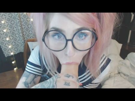 Rosy Haired Student Point Of View Deep Throat And Reverse Riding With Glasses And Pigtails