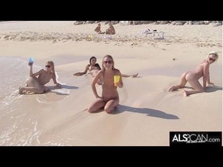 6 Mischievous Lesbians Go At It On A Community Beach