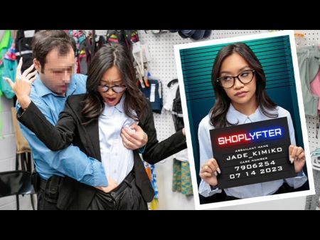 Nefarious Mall Cop Lays Down For A Young Chinese Thief By Tearing Up Her Cootchie On His Desk - Shoplyfter